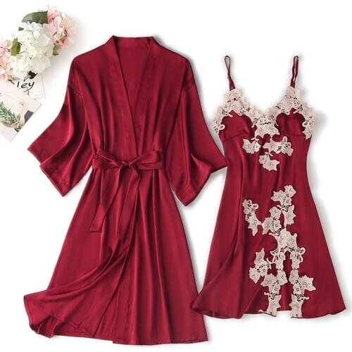Summer 2pcs Nighty Bathrobe Nightgown Sleep Suit Sexy Womens Satin Robe Gown Sets Lace Flower Nightdress Kimono Home Clothes