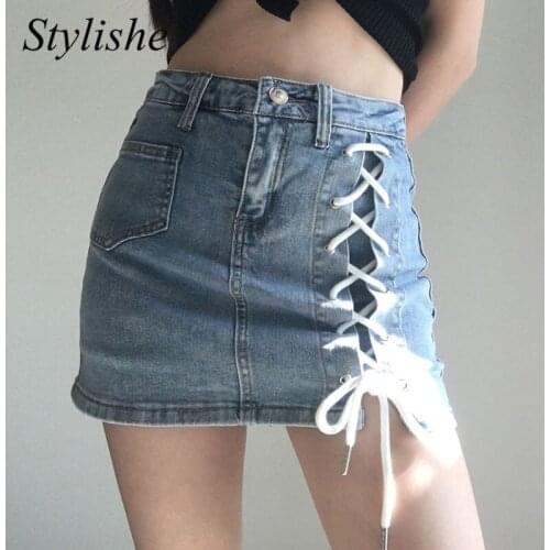 Lace Up Mini Denim Skirt Shorts Stretchy High Waist Gothic Punk Bandage Skinny Black Short Skirts Y2K Vintage Jean Skirt Blue