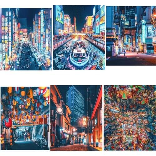 Modular Hd Prints Street View Pictures Home Decoration Neon Lights Painting Canvas Poster No Framework Wall Art For Living Room