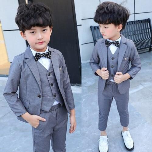 Boys Formal Jacket Vest Pants BowTie 4PCS Clothing Set Gentleman Kids Blazer Wedding Suit Children Birthday Performance Dress