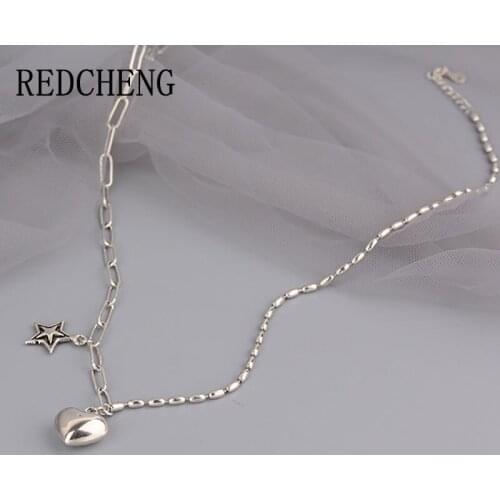 REDCHENG 925 Sterling Silver Chain Necklaces for Women INS Charm Fashion Exquisite Pentagram LOVE Heart Party Fine Jewelry Gifts
