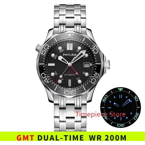 PHYLIDA 200M Tested Waterproof GMT Dual Time Black Wave Dial Automatic Mens Watch Sapphire Glass Diver Sea-master Homage Lumed
