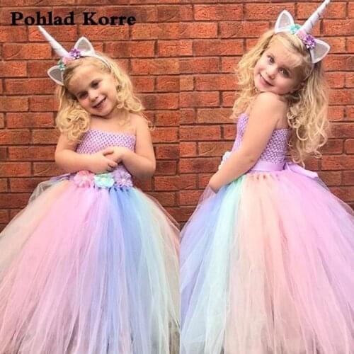 Princess Flower Girls Unicorn Tutu Dress With Headband Girls Unicorn Birthday Party Dresses For Kids Halloween Costume Cosplay