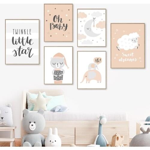 Elephant Sheep Raccoon Animal Canvas Poster Baby Nursery Quotes Wall Art Painting Moon Star Cloud Print Nordic Kids Room Decor