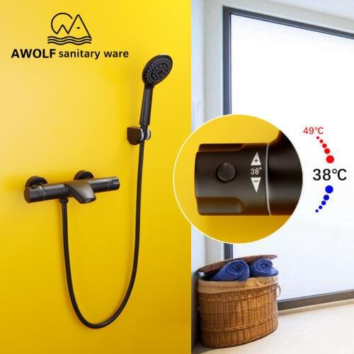 Luxury Smart Thermostatic Shower Set Modern Bathroom Bathtub Faucet Black Color Wall Mounted Bath Mixer Tap Cold & Hot AH3015