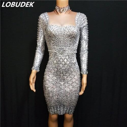 Sexy Gray Pearl Crystals Package Hips Dress Women Singer Host Evening Party Stage Short Dress Birthday Celebration Dance Costume
