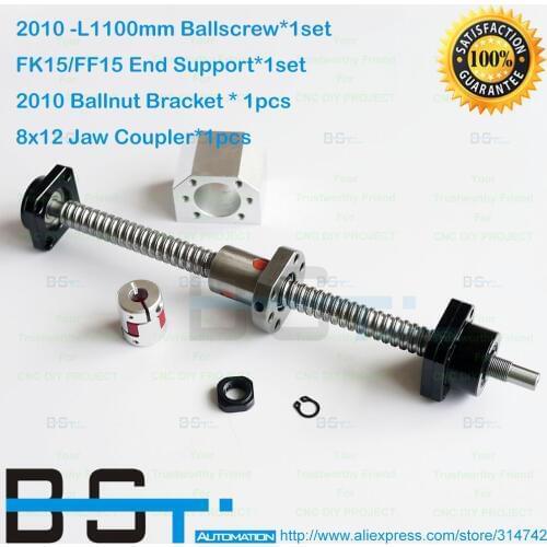 SFU2010 Rolled Ballscrew 1100mm + FK15 FF15 End Support + 2010 Nut Bracket + 8x12mm Jaw Flexible coupling for CNC DIY Built