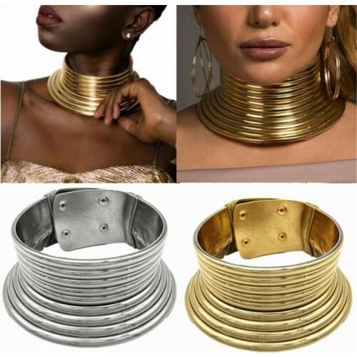 African Jewelry Vintage Necklace Metal Coil Adjustable Leather Torques Statement Choker Necklace Gift Maxi Collar Punk Style