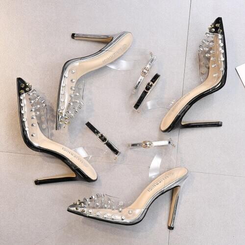 Plus-size Buckle Womens Sandals Sexy Trend Sandal Rhinestone PVC Transparent Rivet Pointed Stiletto Stiletto High-heeled Shoes