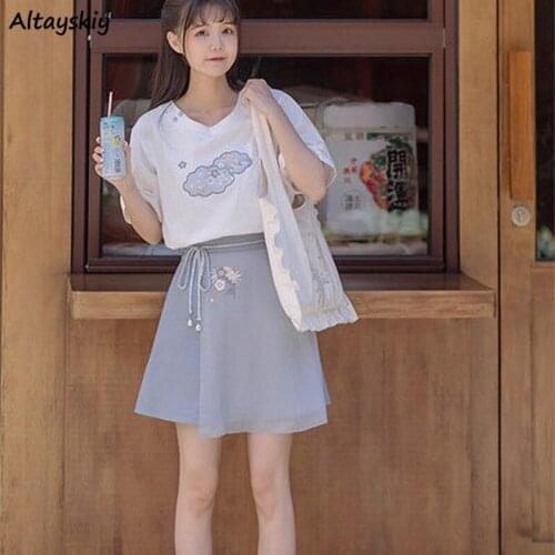 Sets Women O-neck Short Sleeve Print T-shirts A-line Above Knee Asymmetrical Skirts Sweet Summer Fashion Streetwear Popular New