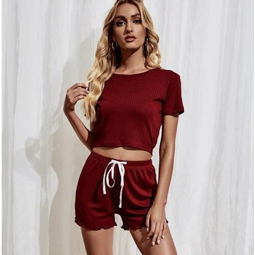 New Summer Women Short Casual Two Piece Clothing Tracksuit Top Knitting Ribbed Suit Shorts Set Female O-Neck Casual Sets