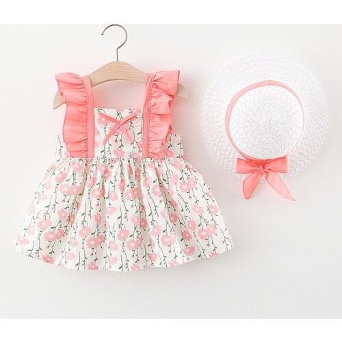 2021 New Fashion Baby Girl Dresses 3-36m Summer Sleeveless Floral Kids Princess Dress Send Hat 2pcs for Birthday Party Clothing