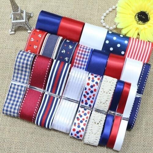 25 Yards/Set----DIY Hair Bow Material Red/Blue/White Color Mix Ribbon Set