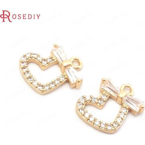 38557)6PCS 10x13MM 24K Champagne Gold Color Brass and Zircon with Bow Heart Charms Pendants Making Supplies Diy Accessories