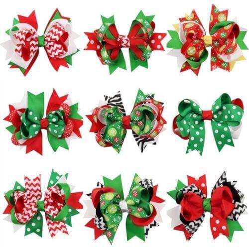 Naturalwell Girls Christmas Hair Accessories Print Hairclips Kids Party Hair Bow Cute Girl Hairbows Ribbon Hair Clips BB030