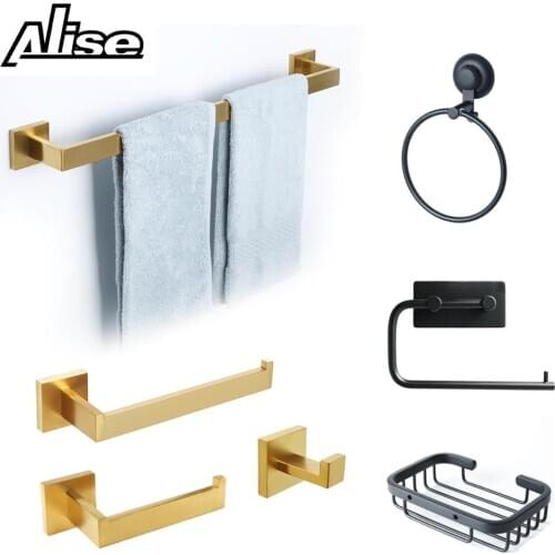 Alise Bathroom Hardware Set Black Robe Hook Towel Rail Bar Rack Bar Shelf Tissue Paper Holder Stainless Steel Accessories