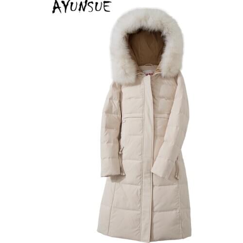 AYUNSUE High Quality Womens Down Jacket Real Fox Fur Collar Hooded Coat Female White Duck Down Woman Parkas Abrigo Mujer Zjt285
