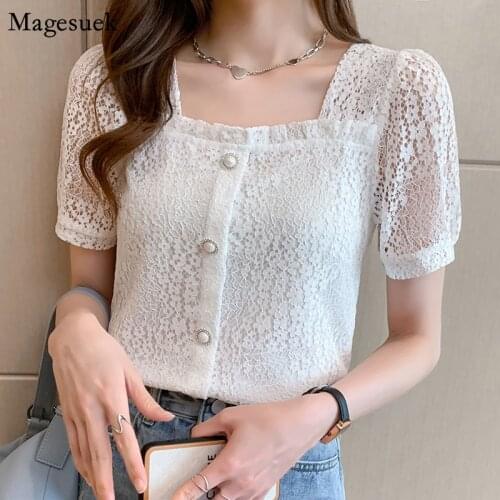 Summer Hollow Out Crochrt Lace Shirt Women Square Collar Short Sleeve Woman Blouses Vintage Fashion Elegant Ladies Tops 14409
