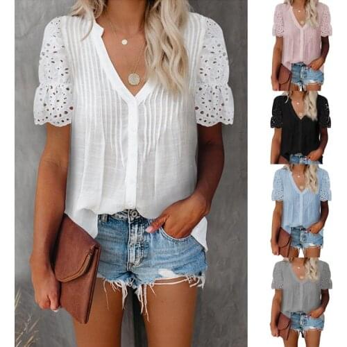 Summer Casual Women Blouse Shirts Solid Color V-neck Pleated Lace Stitching Short-sleeved Shirt Top Loose Womens Blouses