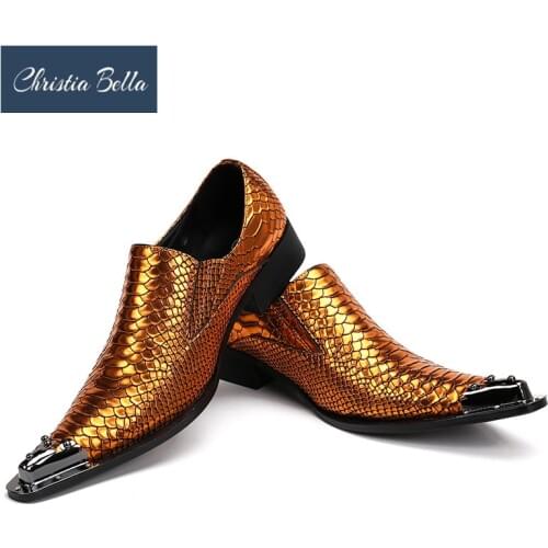 Christia Bella Mens Genuine Leather Snake Skin New Mens Gold Dress Shoes Pointed Toe Fashion Luxury Wedding Shoes Oxford Shoes