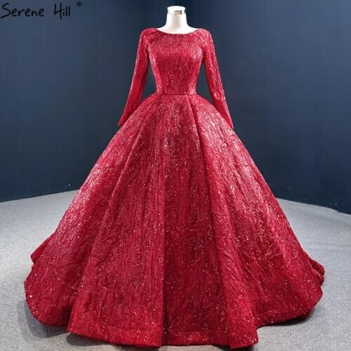 Dubai Red Luxury Ball Gown Wedding Dresses Design 2021 Long Sleeve Sequins Beading Bridal Gowns HM67121 Custom Made
