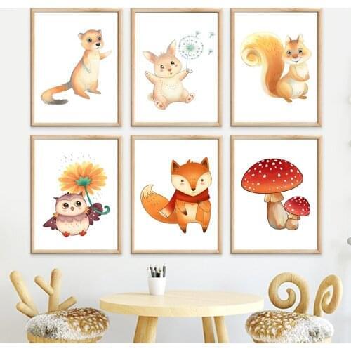 Raccoon Bunny Fox Dog Owl Dandelion Wall Art Canvas Painting Nordic Posters And Prints Wall Pictures Kids Baby Kawaii Room Decor