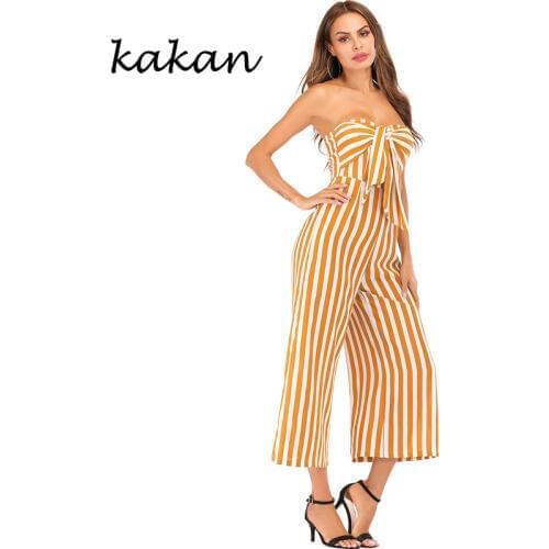 Kakan sexy holiday style womens jumpsuit Variety striped tube top bow wide leg jumpsuit