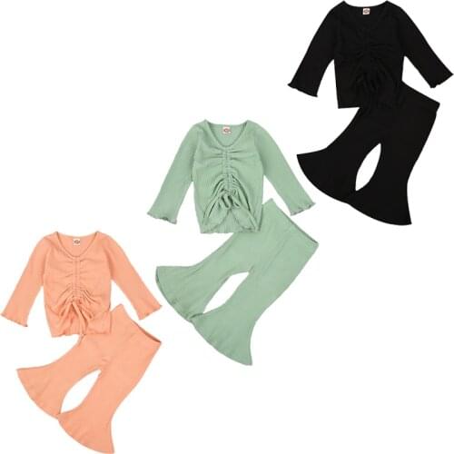 0-3Years Newborn Kids Baby Girls 2Pcs Set Ribbed Outfits Folds Ruffled Crops Tops Shirt Flare Pants Solid Spring Autumn Clothing