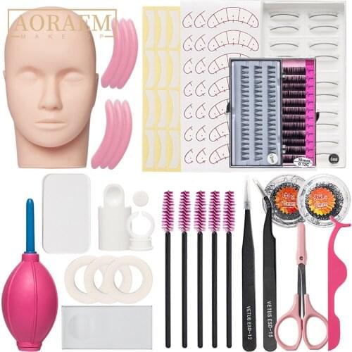 AORAEM Eyelash Makeup Tools Kit For Beginners Eyelashes Extension Practice Head Lash Clip Tweezers Brush Glue Holder Sticker Pad