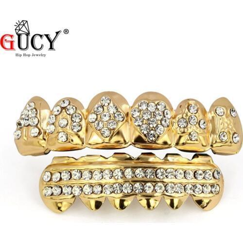 GUCY Gold Color Plated Crystals Cut Teeth Grillz Caps Poker Shape CZ Micro Pave Top Bottom Teeth Grills Sets