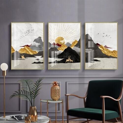 Nordic Abstract Geometric Mountain Landscape Wall Art Canvas Painting Golden Sun Deers Poster Print Wall Picture for Living Room