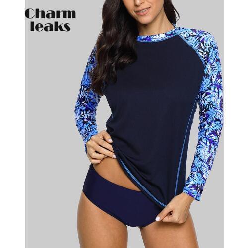 Charmleaks Long Sleeve Women Rashguard Retro Floral Print Quick-drying Shirt Running Top Hiking Shirts Rash Guard UPF50