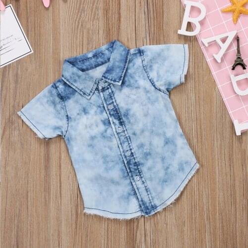 Boys Blouse Shirt Short Sleeve Turn Down Collar Destroyed Retro Denim Top Button Down Europea American Kids Toddler Clothes