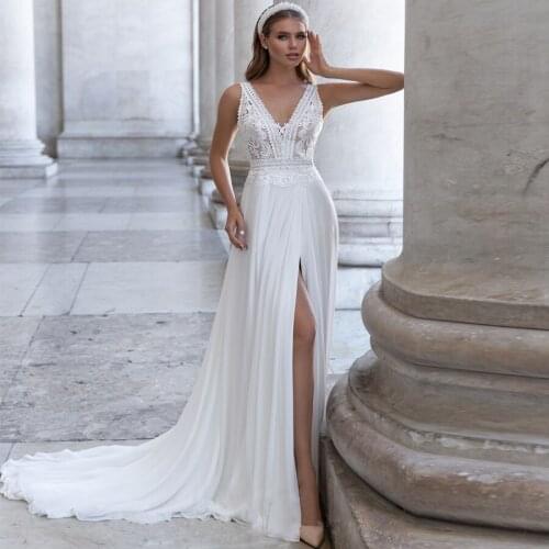 Beach Boho Wedding Dresses Front Slit Deep V-Neck Lace Long Sleeves Custom Made Elegant Bridal Gowns Simple Cheap Robe De Mariee