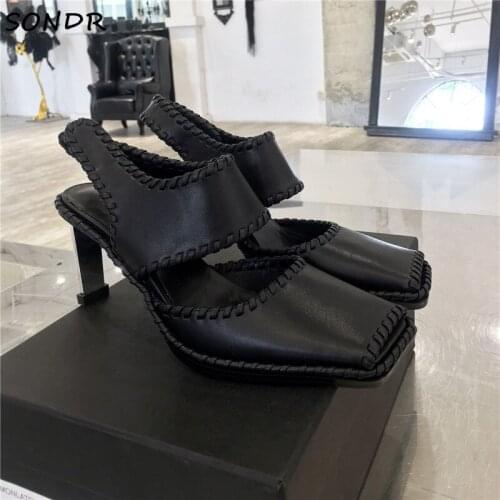 2021 Fashion Womens Leather Metal Heel Slingback Pumps Design Square Toe Gladiator Sandals Ladies High Heels Dress Shoes Woman