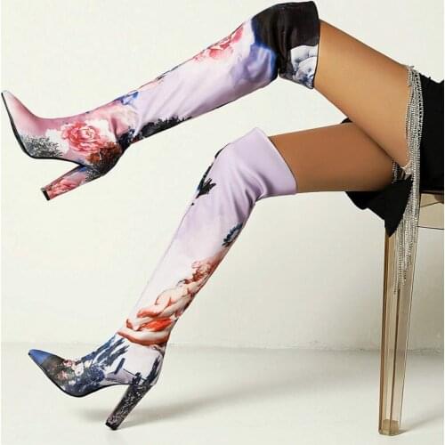 Women Flowers Print Slip On Over The Knee Boots Square High Heel Long Boots Ladies Pointed Toe Autumn Winter Womens Shoes