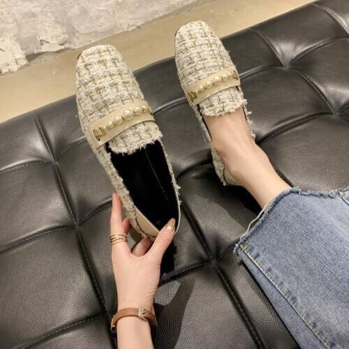 2021 spring flat bottom all-match Korean beaded fairy gentle evening Net celebrity small fragrant wind woven single shoes women