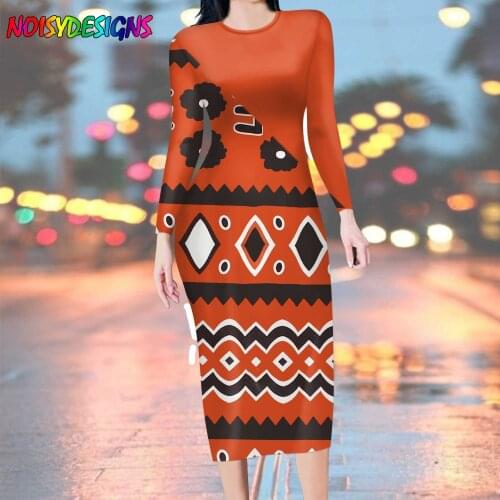 NOISYDESIGNS Creativity Dress Women Long Dress O-Neck Long Sleeve Maxi Dresses Geometry African Tribal Printing Vestido De Mujer