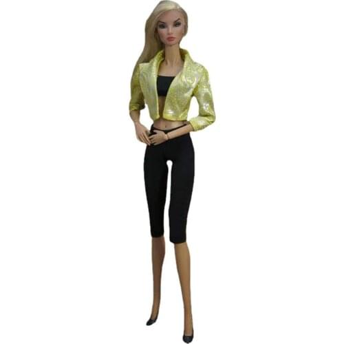 1/6 Fashion Doll Outfit Coat Top Black Cropped Pants Trousers for Barbie Doll Clothes Clothing 11.5" Dolls Accessories Baby Toys