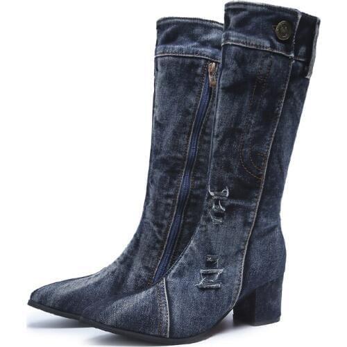 2021 Autumn New Womens Cowboy Boots Fashion Pointed Motorcycle Boots Women Medium Tube Thick Heel Side Zipper Denim Shoes Woman