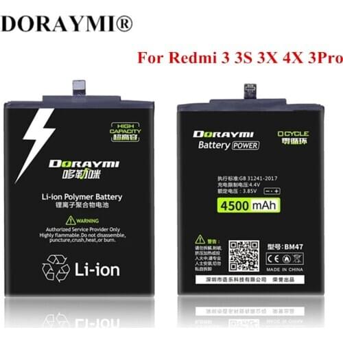 DORAYMI Battery for Xiaomi Redmi 3 Pro 3S 3X 4X 3Pro Bateria 4500mAh High Capacity BM47 Replacement Phone Batterie