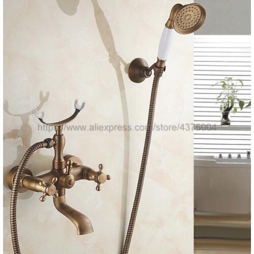 Antique Brass Wall Mount Telephone Euro Bath Tub Faucet Mixer Tap w/ Handheld Spray Shower Ntf154