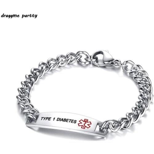 New Diabetes Alert ID Bracelet For Men Women Engraved Type 1 Diabetes Bracelets Wristband Chain Jewelry Stainless Steel