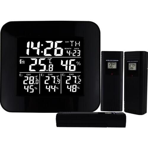Digital Wireless Weather Station Indoor Outdoor Temperature & Humidity Measurement with 3 Sensors, °C/°F Black LED Light Display