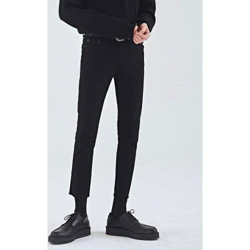 Black jeans mens Slim small foot hole spring and summer Korean Trend elastic Capris casual large PANTS YOUTH