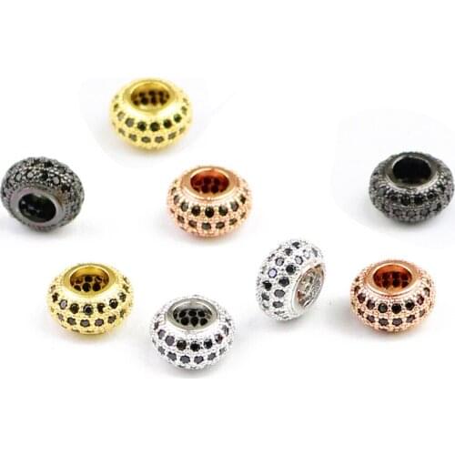 HGKLBB Black zircon Copper Spacer beads 2pcs 8mm flat Round Charms metal Loose beads for Jewelry making bracelet DIY findings