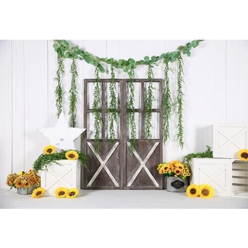 HUAYI Photography Backdrop Sunflowers wooden door Photo Background Baby Child 1st Birthday Cake Smash Studio Photocalls W-4347