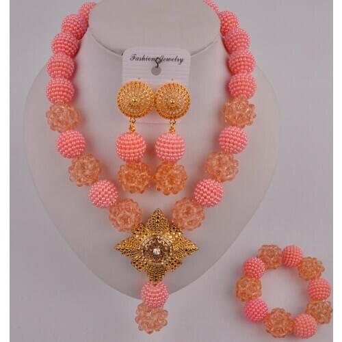 Graceful peach costume african necklace set nigerian beads jewelry set FZZ103-05