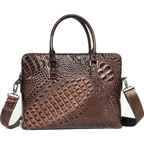 KM6005 2021 Mens Leather Handbags Hand-Polished Crocodile Pattern Head Layer Cowhide Large-Capacity Business Briefcase