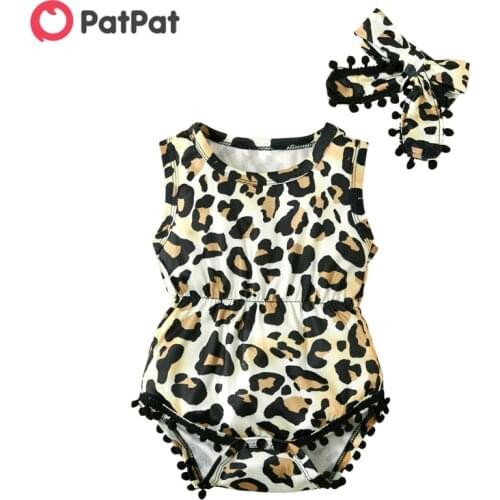 PatPat 2-piece Baby Leopard Print Pompon Decor Sleeveless Rompers with Headband Set